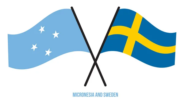 密克罗尼西亚和瑞典国旗交叉摇曳的平面风格 官方比例 正确的颜色 — 图库矢量图片