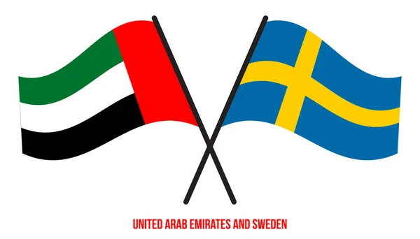 Emiratos Árabes Unidos Suecia Banderas Cruzadas Ondeando Estilo Plano Proporción — Vector de stock