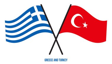 Yunanistan ve Türkiye Bayrakları Çapraz ve Dalgalı Düz Stil. Resmi Orantı. Renkleri Düzelt.