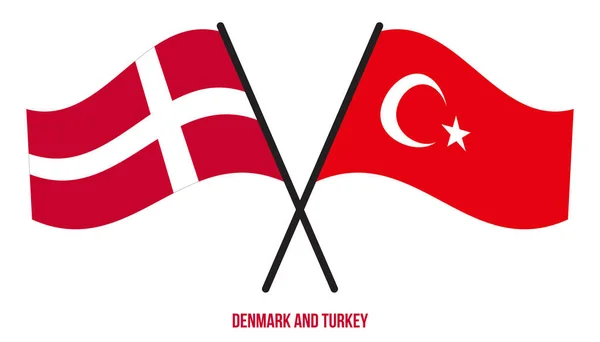 Danmark Och Turkiet Flaggor Korsade Och Viftade Platt Stil Officiell — Stock vektor