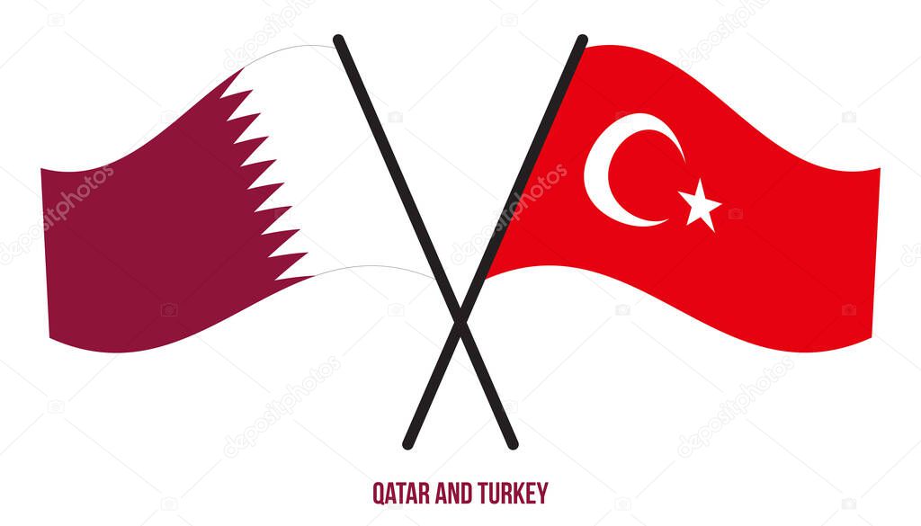 Qatar y Turquía banderas cruzadas y ondeando estilo plano. Proporción