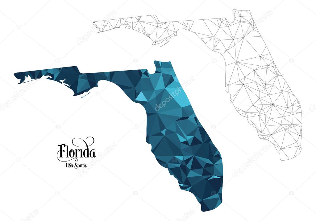 Low Poly Map of Florida State (USA). Polygonal Shape Vector Illustration on White Background. States of America Territory.