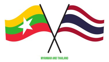 Myanmar ve Tayland Bayrakları Çapraz ve Sallanan Düz Tarz. Resmi Orantı. Renkleri Düzelt.