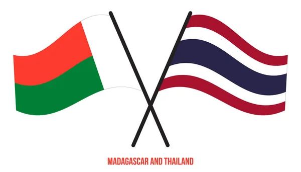 Madagascar Tailandia Banderas Cruzadas Ondeando Estilo Plano Proporción Oficial Colores — Vector de stock