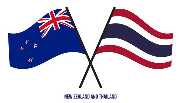 Banderas Nueva Zelanda Tailandia Cruzadas Ondeando Estilo Plano Proporción Oficial — Vector de stock
