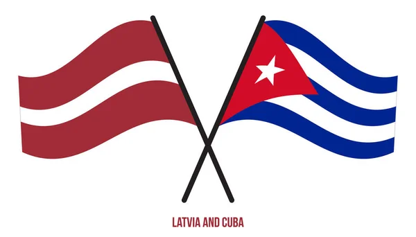 Lettonia Cuba Bandiere Attraversato Sventolando Stile Piatto Proporzione Ufficiale Colori — Vettoriale Stock
