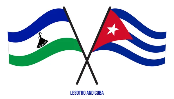 Bandiere Del Lesotho Cuba Incrociate Sventolate Stile Piatto Proporzione Ufficiale — Vettoriale Stock