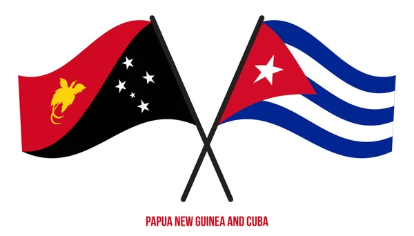 Papua Nuova Guinea Cuba Bandiere Incrociate Sventolanti Stile Piatto Proporzione — Vettoriale Stock