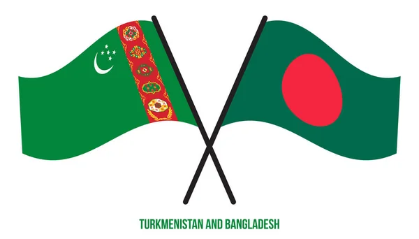 Turkmenistan Bangladesh Flags Crossed Waving Flat Style Official Proportion Correct — Stockvektor
