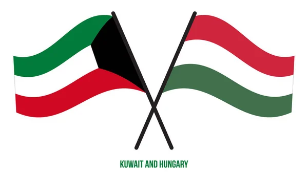 Kuwait Hungría Banderas Cruzadas Ondeando Estilo Plano Proporción Oficial Colores — Vector de stock