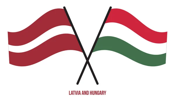 Letonia Hungría Banderas Cruzadas Ondeando Estilo Plano Proporción Oficial Colores — Vector de stock