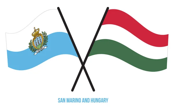 Banderas San Marino Hungría Cruzadas Ondeando Estilo Plano Proporción Oficial — Vector de stock