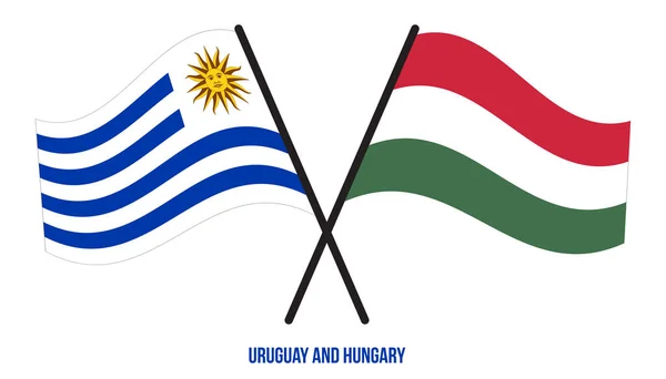 乌拉圭和匈牙利国旗交叉摇曳的平坦风格 官方比例 正确的颜色 — 图库矢量图片