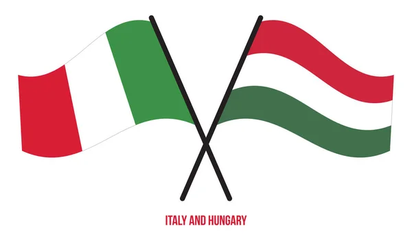 Die Flaggen Italiens Und Ungarns Wehten Flachen Stil Offiziell Korrekte — Stockvektor