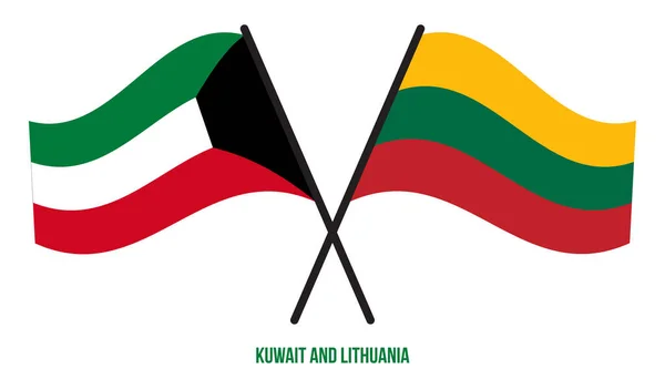 Kuwait Lituania Banderas Cruzadas Ondeando Estilo Plano Proporción Oficial Colores — Vector de stock