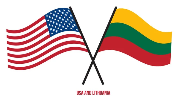 Banderas Estados Unidos Lituania Cruzadas Ondeando Estilo Plano Proporción Oficial — Vector de stock