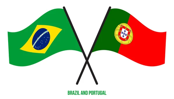 Brasil Portugal Banderas Cruzadas Ondeando Estilo Plano Proporción Oficial Colores — Vector de stock