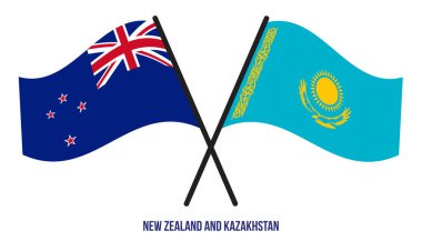 Yeni Zelanda ve Kazakistan Bayrakları Çapraz ve Sallanan Düz Stil. Resmi Orantı. Renkleri Düzelt.