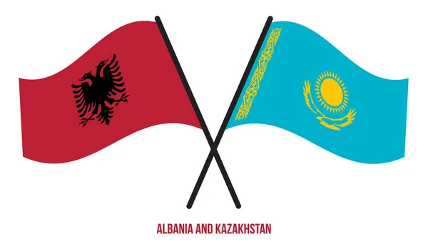 Флаги Албании Казахстана Пересекаются Машут Плоским Стилем Официальная Доля Правильные — стоковый вектор