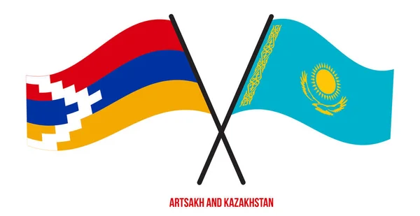 Флаги Арцаха Казахстана Пересекаются Машут Плоским Стилем Официальная Доля Правильные — стоковый вектор