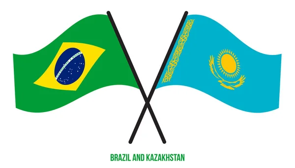 Brasil Cazaquistão Bandeiras Cruzadas Acenando Estilo Plano Proporção Oficial Cores — Vetor de Stock