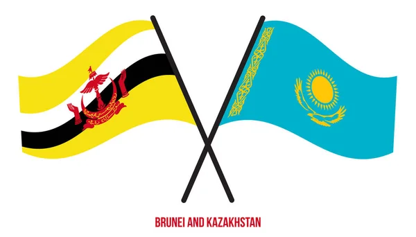 Флаги Брунея Казахстана Пересекаются Машут Плоским Стилем Официальная Доля Правильные — стоковый вектор