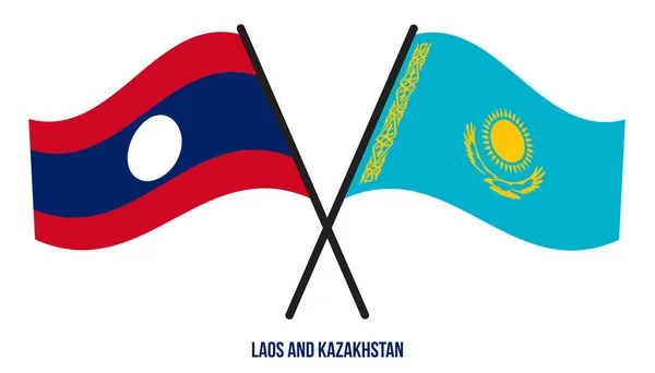 Laos Kazajstán Banderas Cruzadas Ondeando Estilo Plano Proporción Oficial Colores — Vector de stock