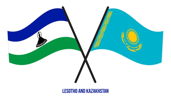 Lesoto Kazajstán Banderas Cruzadas Ondeando Estilo Plano Proporción Oficial Colores — Vector de stock