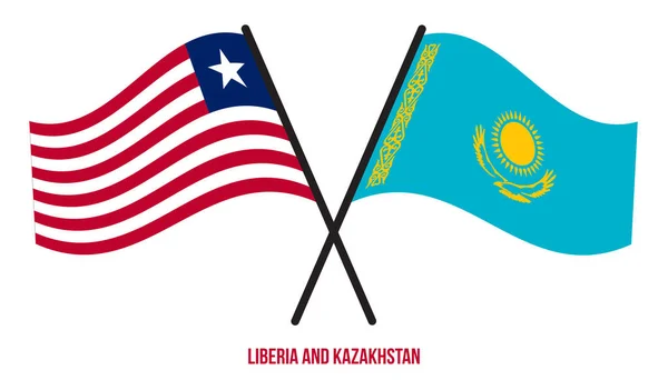 Liberia Kazajstán Banderas Cruzadas Ondeando Estilo Plano Proporción Oficial Colores — Vector de stock