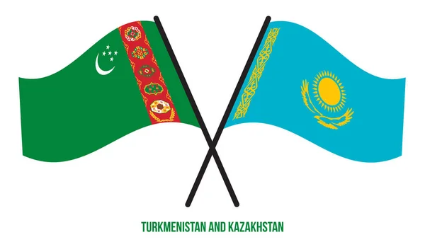 Turkmenistan Und Kasachstan Flaggen Kreuzten Und Schwenkten Flach Stil Offiziell — Stockvektor