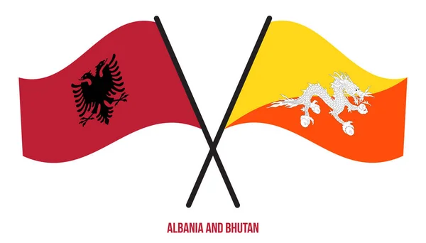 Albanien Och Bhutan Flaggor Korsade Och Viftade Platt Stil Officiell — Stock vektor