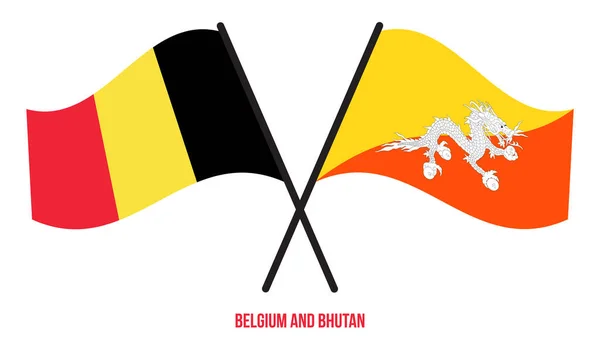 Drapeaux Belgique Bhoutan Croisés Agitant Style Plat Proportion Officielle Couleurs — Image vectorielle