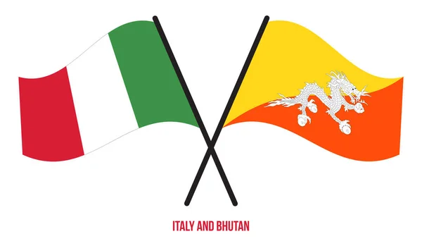 Italia Bután Banderas Cruzadas Ondeando Estilo Plano Proporción Oficial Colores — Vector de stock