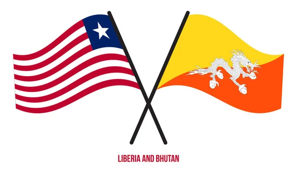 Drapeaux Libéria Bhoutan Croisés Agitant Style Plat Proportion Officielle Couleurs — Image vectorielle