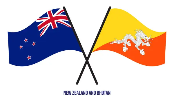 Nya Zeelands Och Bhutans Flaggor Korsade Och Vinkade Platt Stil — Stock vektor