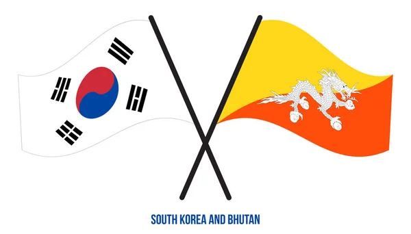 Coreia Sul Butão Bandeiras Cruzadas Acenando Estilo Plano Proporção Oficial — Vetor de Stock