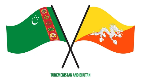 Turkmenistan Und Bhutan Flaggen Kreuzten Und Schwenkten Flach Stil Offiziell — Stockvektor