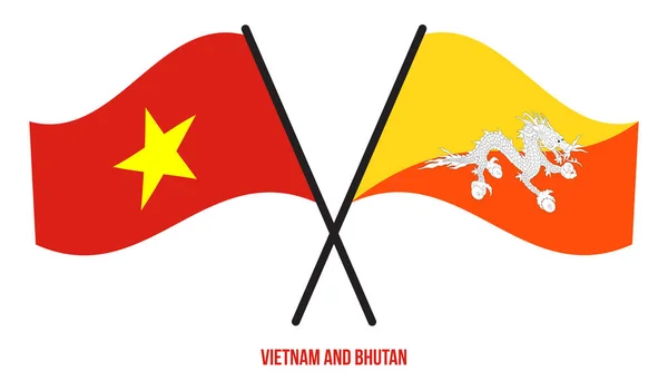 Vietnam Bhutan Flags Crossed Waving Flat Style Official Proportion Correct — Stock Vector