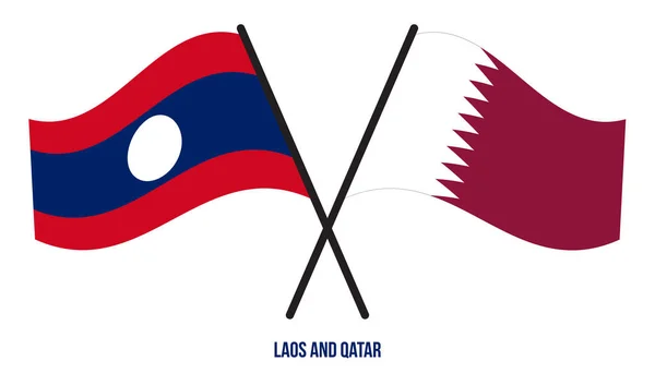 Laos Qatar Banderas Cruzadas Ondeando Estilo Plano Proporción Oficial Colores — Vector de stock