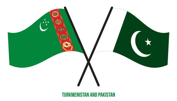 Turkmenistan Pakistan Flags Crossed Waving Flat Style Official Proportion Correct — Stockvector