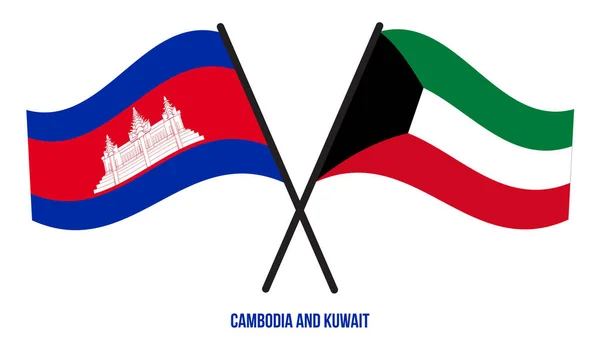 Cambodia Kuwait Flags Crossed Waving Flat Style Official Proportion Correct — Vector de stock
