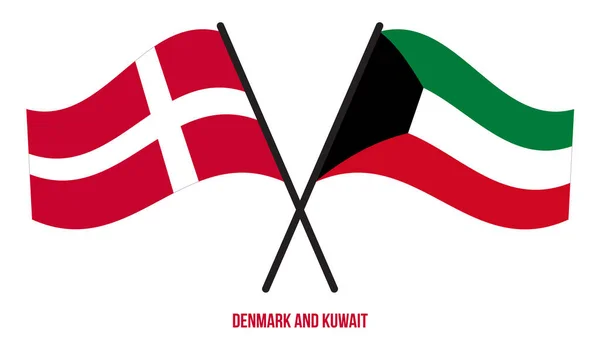 Denmark Kuwait Flags Crossed Waving Flat Style Official Proportion Correct — Stockvector