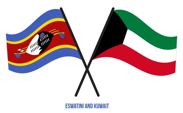 Eswatini Kuwait Flags Crossed Waving Flat Style Official Proportion Correct — Vector de stock