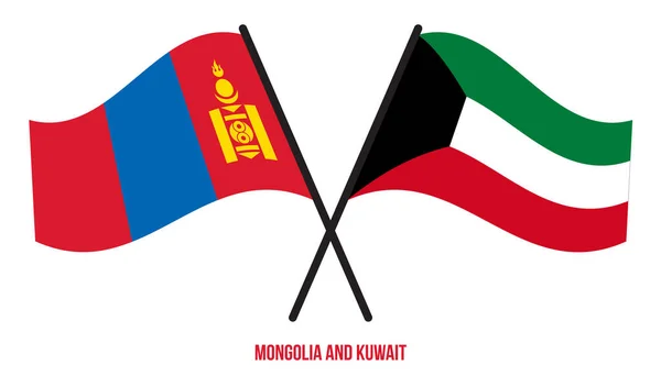 Mongolia Kuwait Flags Crossed Waving Flat Style Official Proportion Correct — Vector de stock