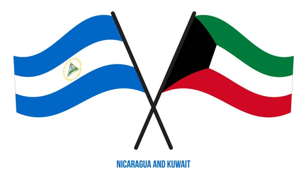 Nicaragua Kuwait Flags Crossed Waving Flat Style Official Proportion Correct — ストックベクタ