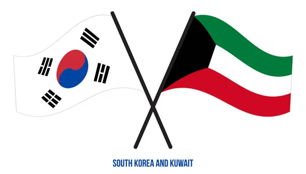 South Korea Kuwait Flags Crossed Waving Flat Style Official Proportion — Vetor de Stock