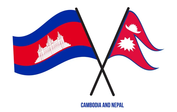 Cambodia Nepal Flags Crossed Waving Flat Style Official Proportion Correct — Stock Vector