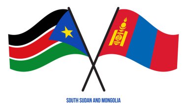 Güney Sudan ve Moğolistan Bayrakları Çarpıştı ve Sallanan Düz Stil. Resmi Orantı. Renkleri Düzelt