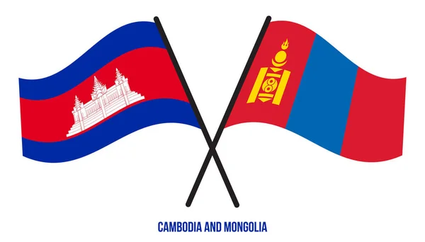 Cambodia Mongolia Flags Crossed Waving Flat Style Official Proportion Correct — Stock Vector
