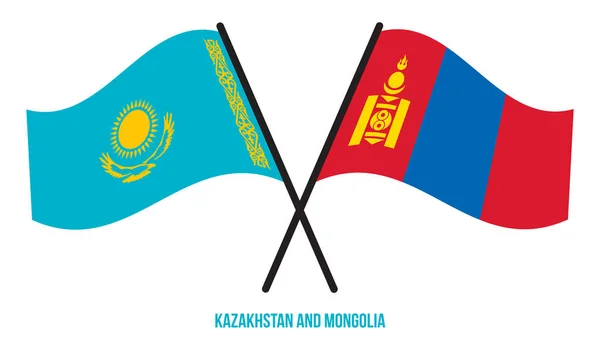 Kazakhstan Mongolia Flags Crossed Waving Flat Style Official Proportion Correct — стоковый вектор
